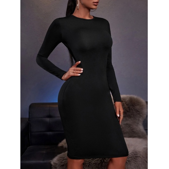 Black Sexy V-Cut Back Long Sleeve Slim Midi Dress Backless - Picture 3 of 9